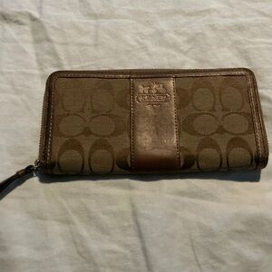 Coach Tan and Brown Signature Zip Wallet